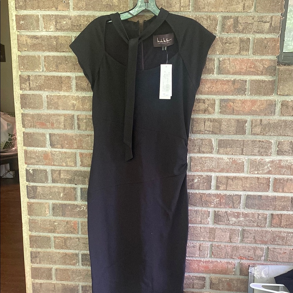 Nicole Miller Black Sheath Midi Dress with Cap Sleeves